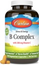 Carlson - B Complex Balanced B Vitamíny s vitaminem C - Stres, Energie a imunitní vitamín B komplex pro ženy a muže - 180 Vegetariánské kapsle