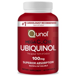 Qunol Ubiquinol CoQ10 100mg Softgels, Mega Ubiquinol 100mg - Superior Absorpce - Aktivní forma koenzymu Q10 pro srdeční zdraví a zdravou hladinu krevního tlaku - 2 měsíce Dodávka - 60 Počet