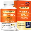 Čistě holistický vitamin C 1000mg, 365 Kapsle, 12 Měsíční zásoba, 2 fáze Časované uvolnění s Ascorbic acid, Rosehip & Acerola Cherry Bioflavonoid, Podpora imunitního systému, Vegan