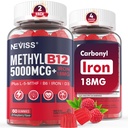 NEVISS Methyl B12 Vitamíny 5000 mcg Gummies + Iron 18 mg pro ženy - Active Methylkobalamin Metylovaný B12 Vitaminový dodatek w / L- MethylFolát, B6 (P5P) & D3 for Energy & Focus Support, 120 Servings