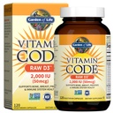 Zahrada života Vitamin D, Vitamin kód Syrový D3, Vitamin D 2000 IU, Syrové celé potraviny D3 Doplňky s Chlorella, Ovoce, Veggie & Probiotika pro kosti a imunitní zdraví, 120 Vegetariánské Kapsle