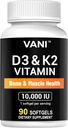 VANI Vitamíny D3 (10000iu / 250mcg) + K2 (jako Mk7), pro zdraví kostí a svalů a zubů, 90 SOFTGELS