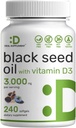 DEAL SUPPLAMENT Black Seed Oil, 240 Softgels - Cold- Pressed Nigella Sativa, přirozeně Occurring Thymoquinone (TQ) - Non- GMO, No Gluten - Black Cumin Seed Tekuté kapsle s vitamínem D3