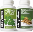 STAY ALIVE Moringa a Ashwagandha Bundle w / Black Pepper Extract, 240 Vegan pilulky, Non-GMO & gluten Free Ashwagandha Moringa dodatek 2 Pack