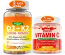 2 balení Vegan vitamin D3 5000IU K2 gumové lupy + 1 balení celé potraviny Vitamin C gumové