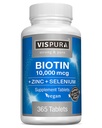 Biotin 10000 mcg + zinek + selen, čistý, Vegan & Extra silný, Nejlepší doplněk pro růst vlasů, Žhavá kůže, Silné nehty *, 365 Tablety pro 12 měsíců, Přírodní bez přísad