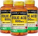 MASON NATURAL Folic Acid 800 mcg - Pomáhá při funkci nervového systému, Denní dodatek pro zdraví, nálady a prenatální péči, pro ženy v dětském věku, 100 tablet (balení po 3)