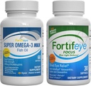 Fortifeye Blue Light and Heart Health Support Bundle 124; Super Omega-3 Max Fish Oil, 60 Softgels, a Focus Blue Light Defense, 30 Softgels