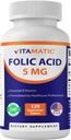 Vitamatická kyselina listová 5mg (5000 mcg) - 120 Vegetariánských tablet s vysokou potencí vitaminu B9 (folát) pro buněčné zdraví, podporu srdce a prenatální péči