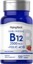 Piping Rock Vitamin B12 Sublingual Flavor 124; 2500 mcg IR 124; 120 Tablet IR 124; s kyselinou listovou 124; dodatek pro ženy a muže 124; Berry Flavor IR 124; Vegetarian, Non- GMO, gluten zdarma