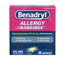 Benadryl Liqui- gels Antihistaminika Alergie Medicine & Cold Symptom Relief, Dye- Free Liquid Gels s 25 mg difenhydraminu HCl pro příznaky, jako je, Runny Nose, Nuzing & More, 48 ct