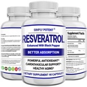 Resveratrol 1000mg dodatek, Trans Resveratrol 500mg, Resveratrol Enhanced with Black Pepper for Max Absorpce, Výkonný antioxidant & Anti- Aging pilulky pro srdce, Imunity & Skin Health, 90 Kapsle