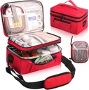 Medicína Bag pro cestování s přenosným malým pouzdro, Dvojitá laťka láhev Pořadatel Uložení Pouzdro s uzamykatelnými zipy, Nošení léků Cestovní pouzdro s ramenním popruhem (Pouzdro POUZE), červená