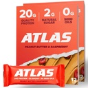 Atlas Protein Bar, 20g protein, 1g cukr, čisté složky, gluten zdarma (arašídové máslo Malina, 12 Počet (balení po 2))