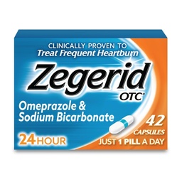 Zegerid OTC, 24- hodinová reliéf proti srdečním tokům, kyselá refluxní medicína a antacida, léčba časté srdeční pálení, Omeprazol 20mg + sodná sůl bikarbonátu, inhibitor protonové pumpy (PPI), 42 tobolek