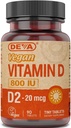 Deva Vegan Vitamin D2 800 IU, Ergokalciferol dodatek bez živočišných složek, rychlé rozpuštění, 90 tablet, 1- balení