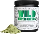 Wild Foods Raw Super Greens Powder Daily Juice Drink with Probiotics and Digestive Enzyme Blend - Whole Food Sourced, 46 Plant- Based Nutrients, Non-GMO, Spirulina, Chlorella, Wheatgrass (30 Servings)