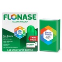 Flonáza Alergie Relief Nasal Spray, 24- Hodina Non- Drowsy Multi- Symptom Relief - 144 Spreje (Balení po 2) plus Bonus Pack kapesníků