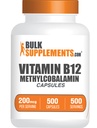 BulkSupplements.com Vitamin B12 Methylkobalamin Kapsle - B12 Vitamin dodatek, B12 200mcg, pro energetickou podporu - Gluten zdarma, 1 Kapsle per Serving, 500 Kapsle (Balení po 1)