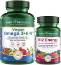 Produkty čistoty Bundle - Vegan Omega 3-6-9 (180 ct) + B-12 Energy Melt Omega 3-6-9 ("5 in 1" Plant- based Omega 3 6 9 Essential Fatty Acids) - B12 Berry Melt (Methylkobalamin B12 + B6 + D3 + Více)