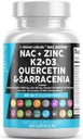 NAC dodatek N- Acetyl Cystein Vitamin D3 K2 zink Quercetin Sarracenia Purpurea Imunitní podpora 124; Elderberry Svatá Basil Bee Propolis Bromelain L- Lysin Kapsle doplňky pro ženy Dospělí