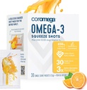 Coromega Omega 3 Rybí olej dodatek s doplňkovým vitaminem D3, 650mg Omega-3s s 3X lepší absorpce než Softgels, Tropická Orange Flavor, 30 Jednorázové Serve Squeeze Packets