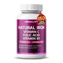 Organic Iron High Potency with Vitamin C, kyselina listová - high- Absorpční vzorec Vitamin B1, Vitamin B6, Vitamin B12 - Podpora Blood Building - 150 Počet - Made & Testováno v USA