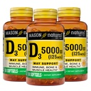 MASON NATURAL Vitamin D3 125 mcg (5000 IU) - podporuje celkové zdraví, posiluje kosti a svalstvo, z rybího jaterního oleje, 50 Softgels (balení po 3)