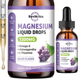 Triple Magnesium Complex Liquid Drops - 1300mg Magnesium Glycinát, Taurát & Citrát s Omega3, L-Theanine, Ashwagandha, Draslík - Podpora spánku, Nerve, Imunita, Energie - Grape Flavor, 2 Fl OZ