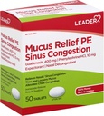 Leader Mucus Relief PE Sinus Congestion, Expectorant; Nasal Decongestant, Tenké a Loosens Mucus, Okamžité vydání, Umožňuje Congestion hrudníku, 50 tablet