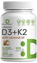 DEAL SUPPLMENT Vitamin D3 5 000 IU + K2 MK7 100mcg Softgels PHAR124; 2- in-1 Complex with Virgin Coconut Oil PHAR124; Podporuje srdce, kosti, zuby & imunitní zdraví PHAR124; Snadno polykat