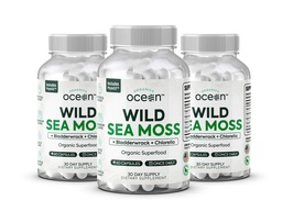 Organics Ocean Wild Sea Moss Capsules - 100% Organic Irish Sea Moss with Organic Chlorella, Bladderwrack and Vitamin D for Energy, Lung Health and Thyroid Support for Women and Men - 3 Bottles