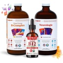 LIQUIDHEALTH Adult Focus & Energy Liquid Vitamin Bundle with Mega Energy B-Complex, USDA Organic Methyl B12 Drops, Neurologický Nootropní Focus Supplement - Boost Energy, Mood - USA Made, Vegan, Non- GMO
