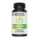 Zhou Energy + Focus - L Theanine Caffeine Pills, 200mg L- Theanine, 100mg přírodní bezvodý kofeinový boost pro dospělé, muže a ženy, pomalu rozšířené vydání - 60 Vegetariánských kapslí (balení po 1)
