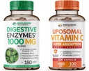 Zdravé Wellness trávicí enzymy 1000MG Plus Prebiotika & Probiotika + Lipozomální vitamín C Kapsle (200 pilulek 1500mg Buffered) Bundle