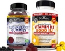 BioSchwartz Elderberry Gummies se zinkem a vitaminem C pro dospělé imunitní podporu (1 měsíční zásoba) Plus vysoce silný vitamin D3 5000 IU 125 mcg (1 rok dodávky)