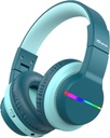 iClever BTH12 Děti Bluetooth sluchátka, barevné LED světla bezdrátové děti sluchátka, 74 / 85dBA Bezpečný objem, 85H Playtime, Bluetooth 5.2, Přes uši sluchátka Built- in Mic pro iPad / Tablet / Letadlo, Zelená