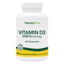 Natures Plus vitamin D3, rozšířené vydání - 90 Veganových tablet - 5000 IU + 25 mg Trans- Resveratrol - Heart & Bone Health, Podpora imunitního systému, Antiaging - Gluten Free - 90 Služeb