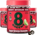 8 Zelených Supergreens Gummies PHAR124; Super Zelených Powder Superfood Gummy for Metabolismus, Imunita & Focus, Digestive Health Enzymes, Organic: Chlorella, Spirulina, Aloe Vera, Apple Flavor, 150 Počet