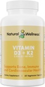 Natural Wellness Vitamin D3 + K2 - Vysoká potence Vitamin D3 2500 IU & K2 MK-7 45 mcg - Podporuje sílu kostí, zdraví srdce, imunitu a metabolismus - All- in- One Natural Vegan Supplement, 90 Kapsle