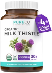 PURE CO USDA Organic Milk Thistle Kapsle - 80% Silymarin dodatek pro podporu jater - Super Koncentrované 300mg 30: 1 Mléko Thistle Extract Játra Detox 120 Day Supply