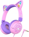 iClever Děti sluchátka Cat Uar, LED Light Up, 85dBA Safe Volume, Stereo Sound Toddler sluchátka pro cestovní školy, skládací 3.5mm Wired děti sluchátka pro iPad Tablety, Meow Lollipop -Pink