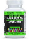 Mos Moss dodatek Směs s Black Seed Oil Ashwagandha Turmeric Bladderwrack, Burdock & Vitamin C & D3 s Elderberry Manuka Dandelion Žlutý dock jód