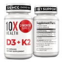 10X Zdravotní vitamin D3 5000 IU & K2 MK7 - Menachinon 7, high- potency D3 K2 Vitamin dodatek pro kostní zdraví, srdce a zuby - 125 mcg vitamin D & 90 mcg vitamin K2- 60 Kapsle