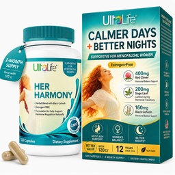 UltaLife Her Harmony Menopauza doplňky pro ženy - Hot Flashes Menopause Relief & Hormon Balance pro ženy - Obsahuje Black Cohosh, Dong Quai, Red Clover & More - Estrogen zdarma - 120 Kapsle