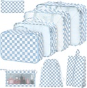 8 Sada Balení Kuby pro kufry, Balení Kuby s botičkou, Kosmetický pytel, Oblečení Pytle, Příslušenství Balení Kuby pro cestovní zavazadla Organizátor Ženy (Blue Checkered)