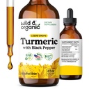 Wild & Organic Turmeric Tincture - Kurkumin s černým pepřovým extraktem - Dodatek k podpoře mobility - Kurkumin kořenové kapalné kapky - Vegan, Cukr & Alcohol- Free - 4 fl oz