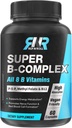 Super B komplex, 8 bioaktivních B vitaminů, s methyl folátem, methyl B12, P-5-P (vitamin B6), D-Biotin, Niacinamid, vysoká absorpce, non GMO, podpora výroby energie, 60 Vegan Caps