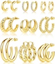 Adoyi 9 párů Zlaté Hoop Náušnice set pro Womens Twisted Huggie Hoops Náušnice 14K 18K Gold Placené pro dívky Valentines Den matek Narozeniny dárky Lehké