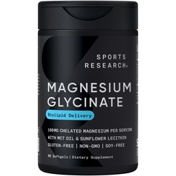 Sports Research ® Magnesium Glycinate - Podporuje restful Sleep & Enzymatic Processes - 160 mg Chelated Magnesium - Liquid Softgel - 60 Počet